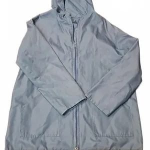 Blue Hooded Rain Jacket with Zip Front and Decorative Hem Trim