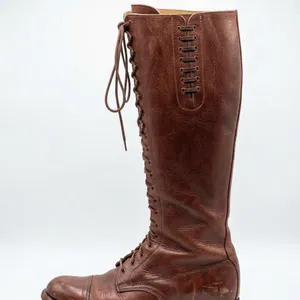 Tall Brown Leather Lace-Up Riding Boots with H/E Marking on Sole