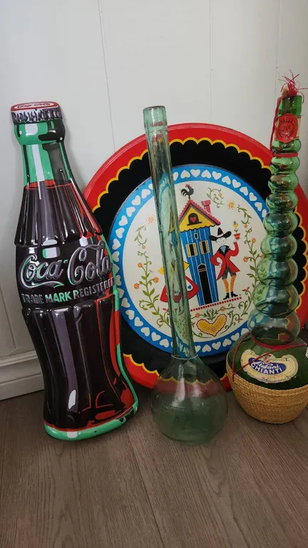 Decorative Items Including 19.5" Tray, Coca-Cola Wall Decor, Vintage Italian Glass Bottles