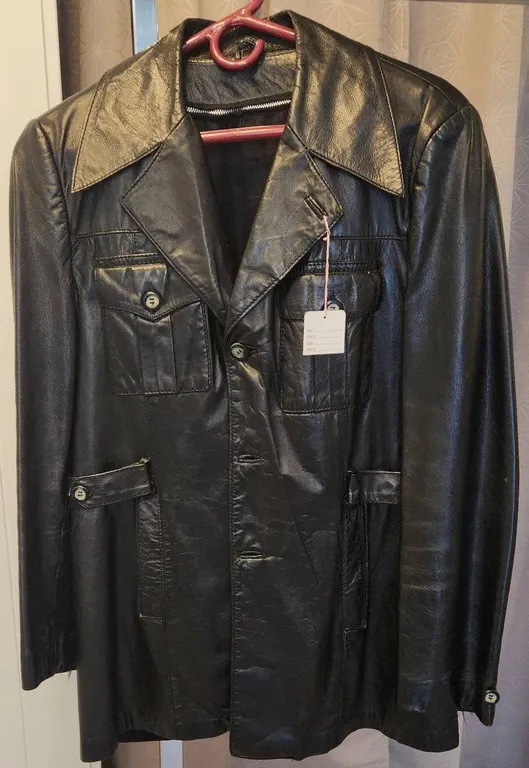 Black Leather Button-Front Jacket with Flap Pockets