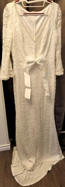 Lace Bridal Gown with Pearl Trim and Bow