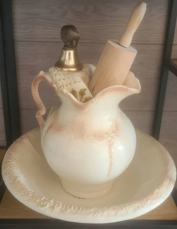 Arnels Ceramic Pitcher & Basin Set with Bell, Rolling Pin, and Embroidered Towel