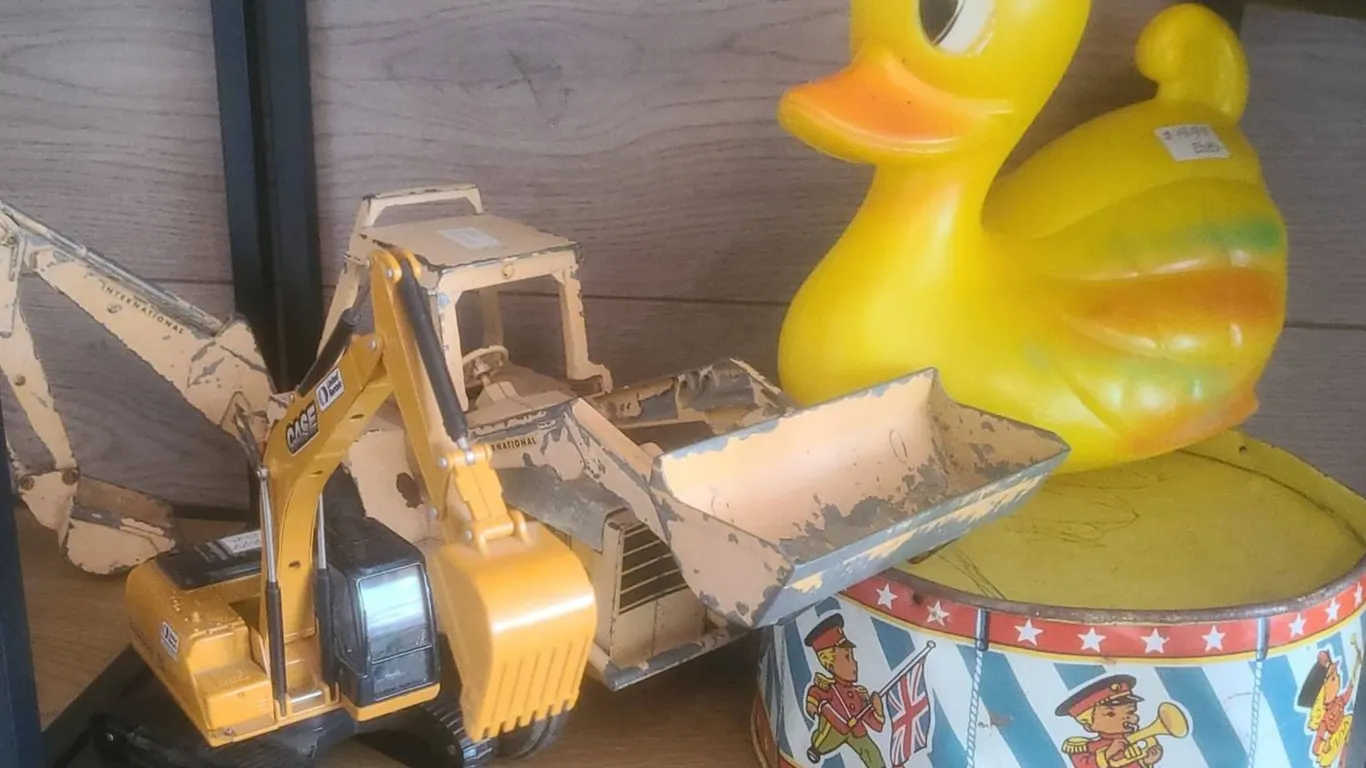Two Toy Construction Vehicles, Yellow Rubber Duck, and Toy Drum Lot