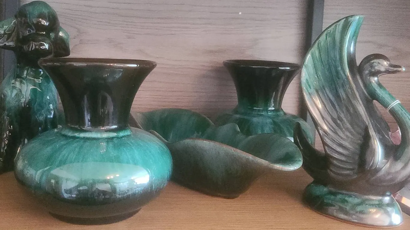 B.M.C. Canada Green Glazed Pottery Collection: Swan, Dog, Vase, Bowl