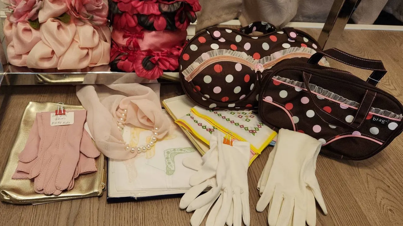 Women's Accessories Including Ellen Faith Floral Hat, Gloves, Handkerchiefs