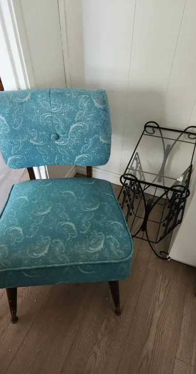 Upholstered Side Chair and Wrought Iron Magazine Rack with Plexi Glass Top