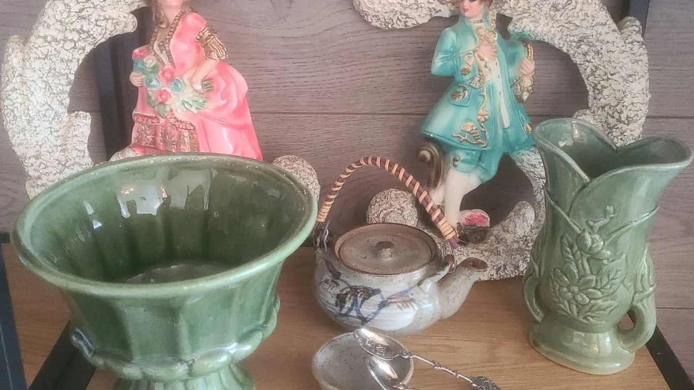 Ceramic Decor: Figurines, Green Vases, Teapot, Spoons
