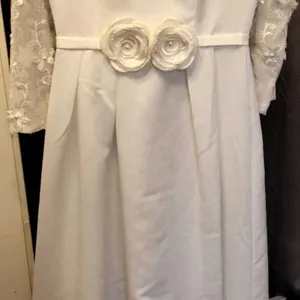 White Bridal Gown with Lace Sleeves and Floral Belt, Size 6, No Manufacturer Tag