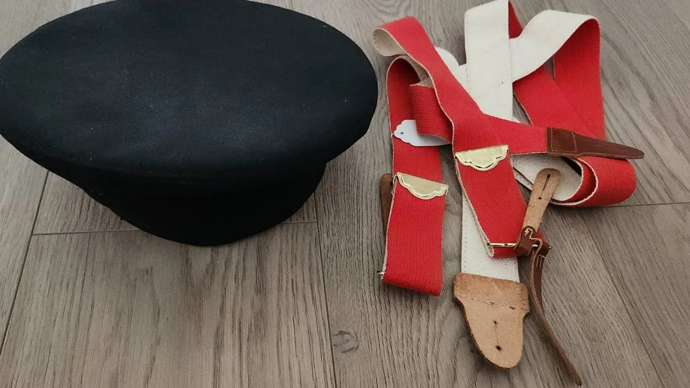 Navy Cadet Cap Size 6 5/8 and Red Police Brace Suspenders with Leather Accents