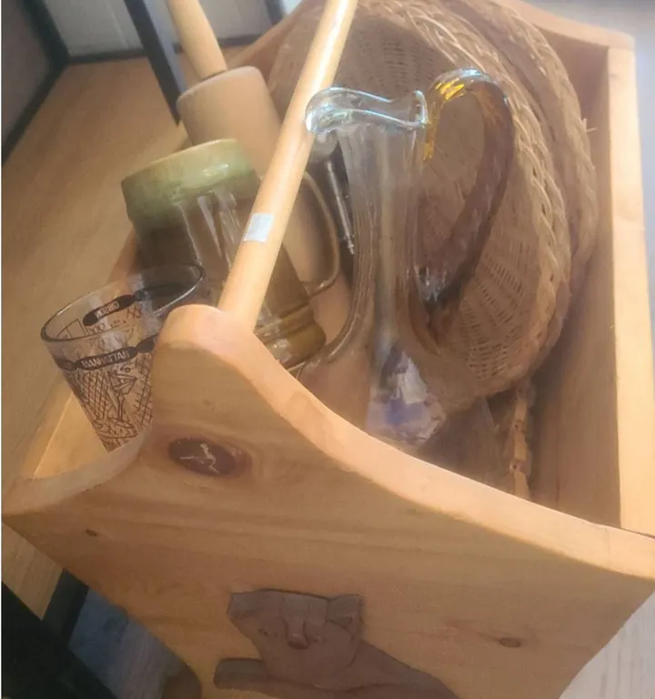 Household Lot: Wooden Carrier with Dog Motifs