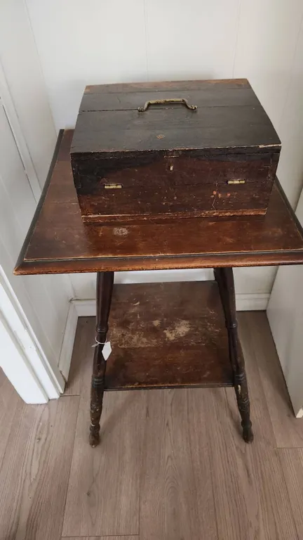 Wood Desk Box with Brass Handle and Hinges on Vintage Two-Tier Wood Table