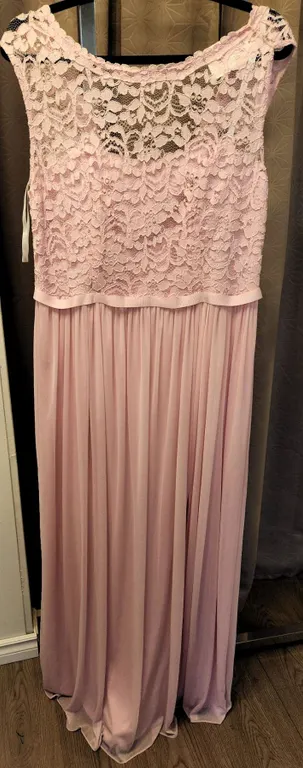 David's Bridal Pink Lace and Chiffon Formal Gown