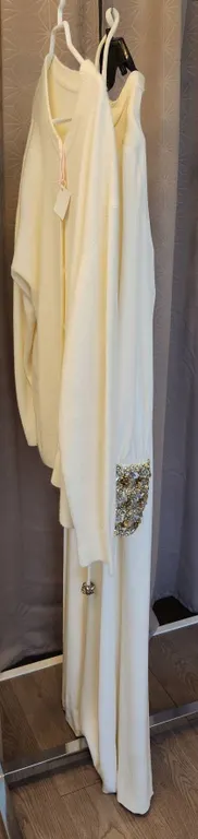 Angora Cardigan and Long Dress with Sequined Cuffs