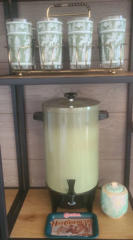 West Bend Percolator With Stand, Glass Set, Vintage Jar, Cassettes