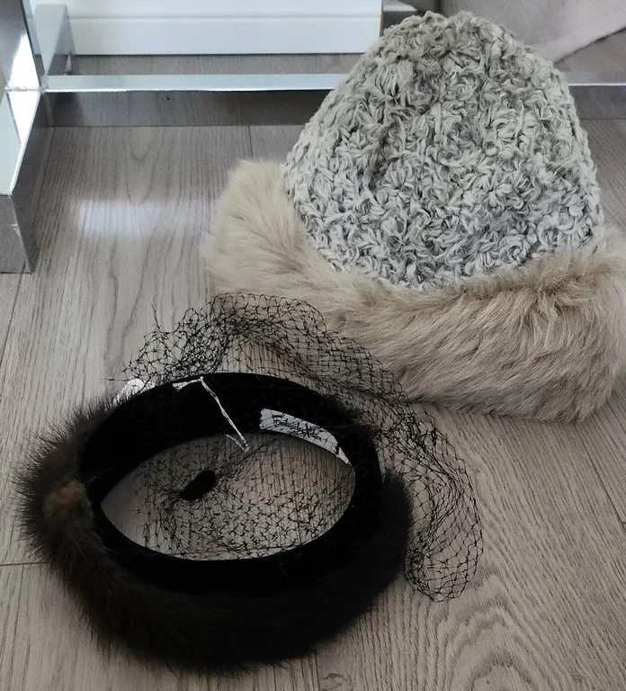 Fur Trimmed Hats: Crochet Hat with Fur Band and Frederick & Nelson Net Veil Hat