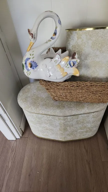 Painted Ceramic Swan, Seagrass Basket, Vintage Laundry Hamper and Wastebasket