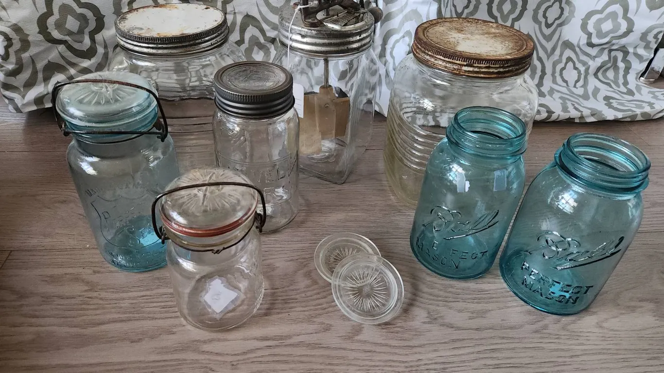 Glass Canning Jars with Ball, Jewel, and Dazey Butter Churn