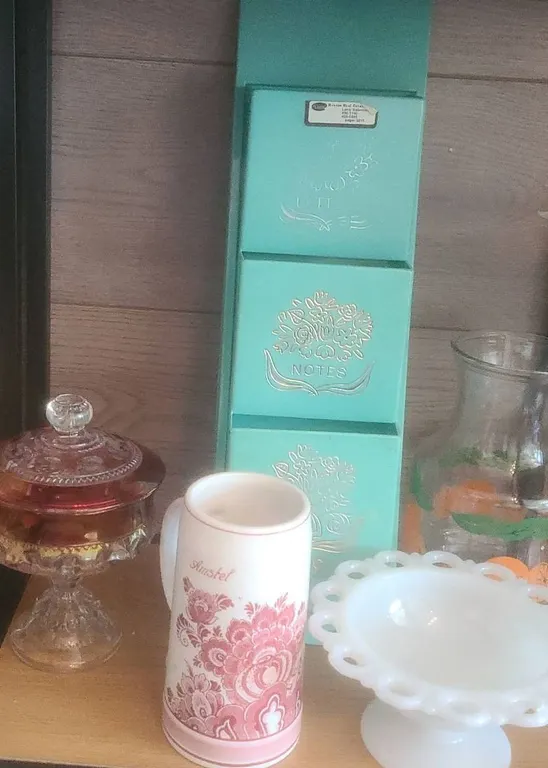 Decorative Household Items Including Glassware and Wall Organizer
