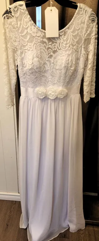 White Lace Bridal Gown with Pearl Trim and Floral Waist Detail