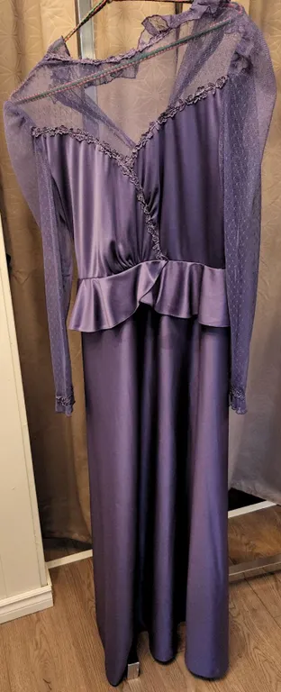Purple Formal Gown with Sheer Mesh Long Sleeves and Peplum Waist