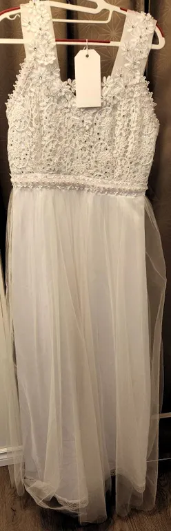 White Bridal Gown with Lace Bodice and Floral Appliqué