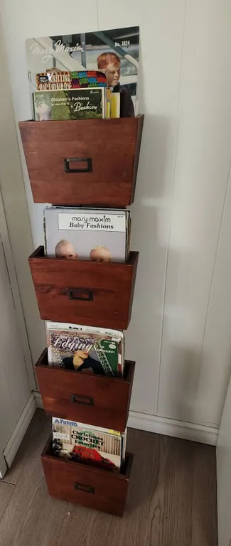 Wall Mounted Filing Shelf with Vintage Crochet and Macrame Craft Books Collection