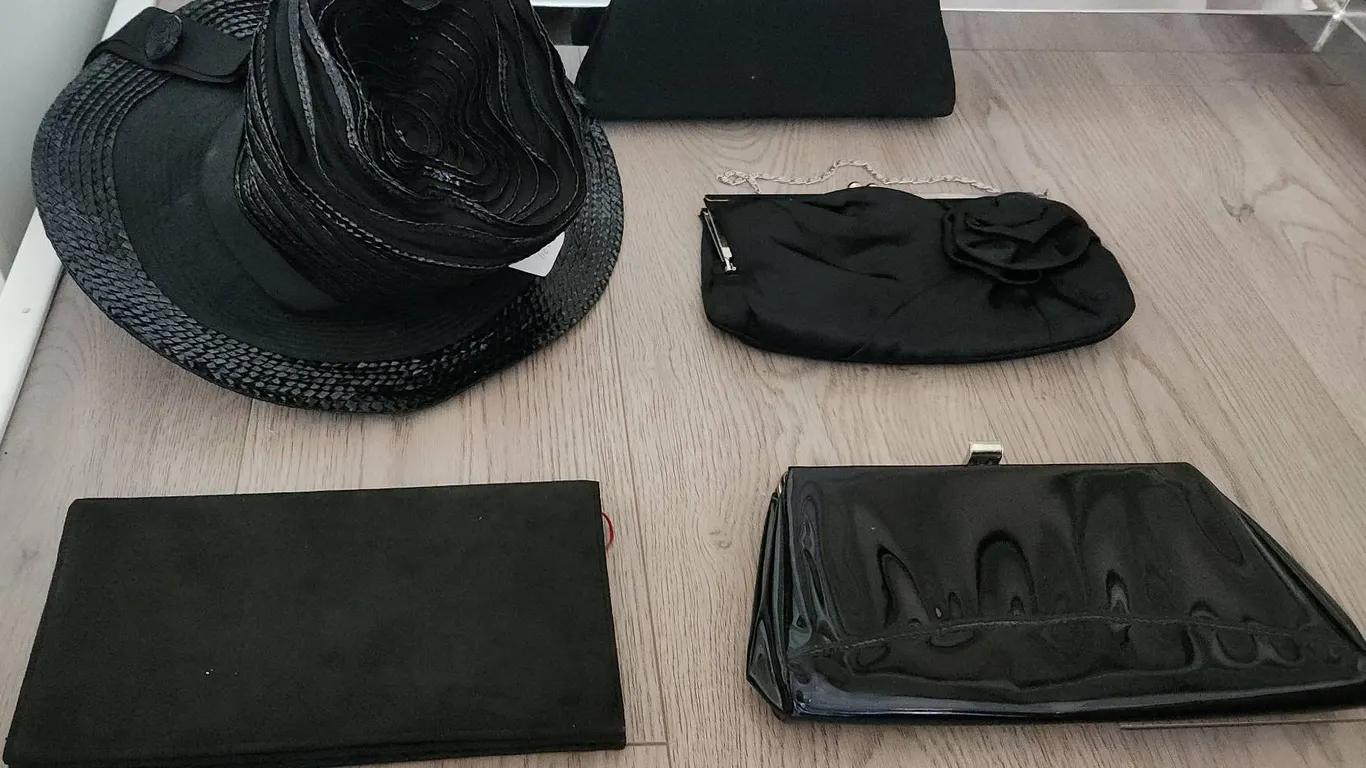Black Sequin Trimmed Ellen Faith Hat and Assorted Black Evening Bags, Some Vintage