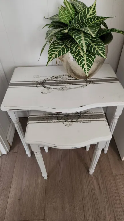 Painted Wood Nesting Tables with French Script Detail and Artificial Plant in Metal Planter