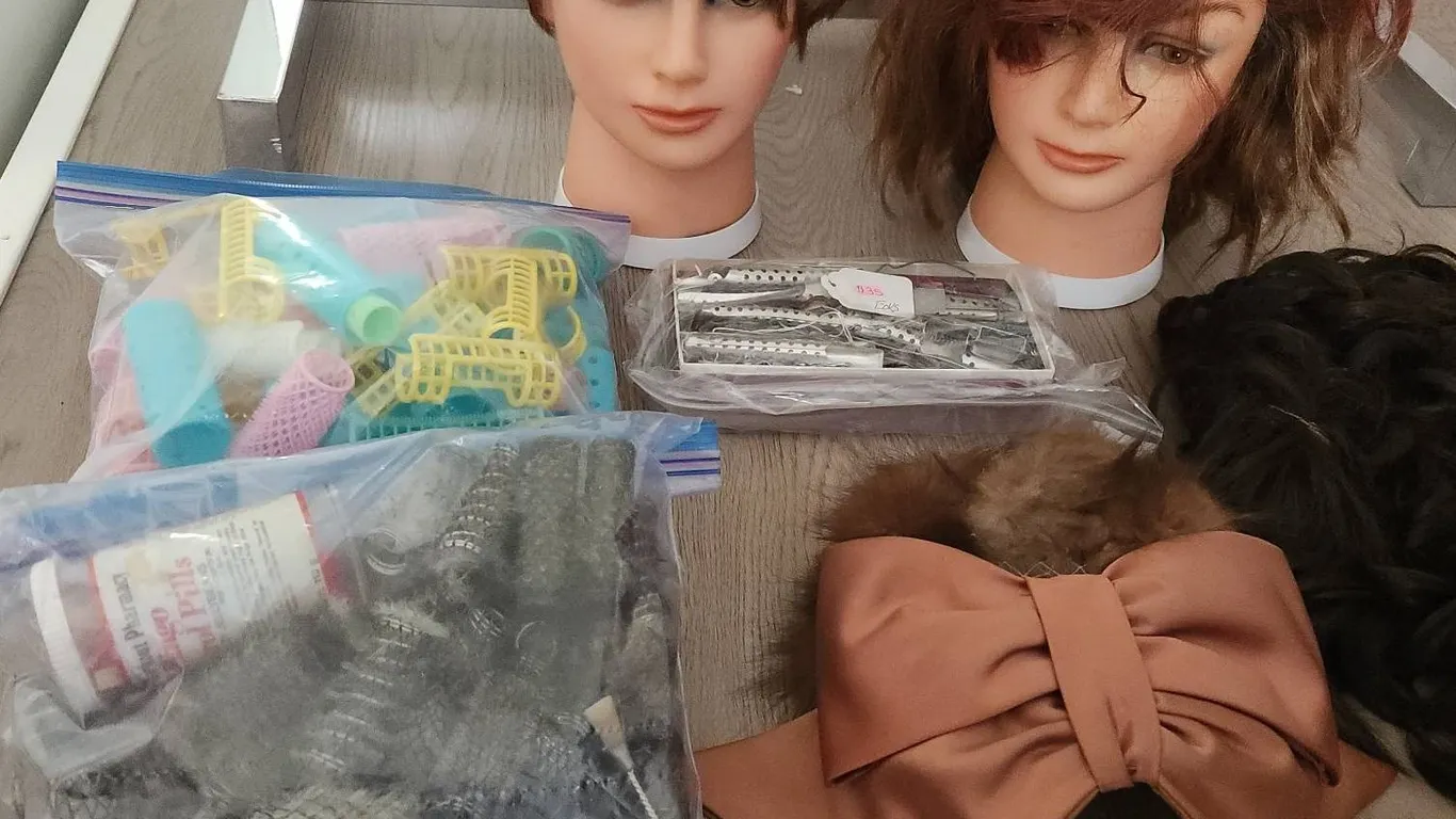 2 Dannyco Mannequin Heads, Wig, Curlers, Hair Clips and Vintage Satin Bow Headpiece