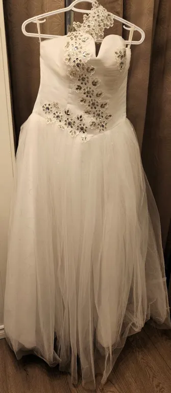 White Strapless Gown with Floral Applique and Rhinestone Detail, No Size or Manufacturer Tag