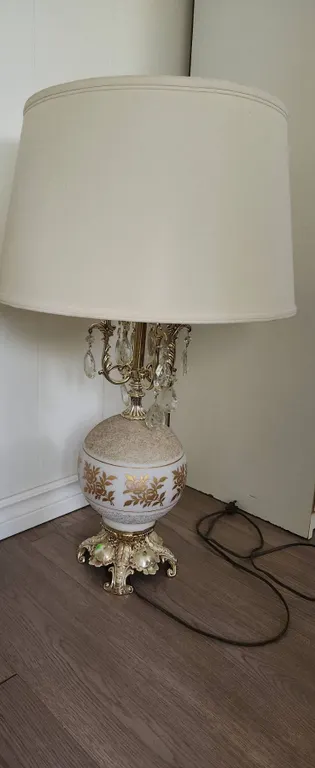 Decorative Vintage Table Lamp with Gold-Tone Metal Base, Floral Glass Body 31" Tall