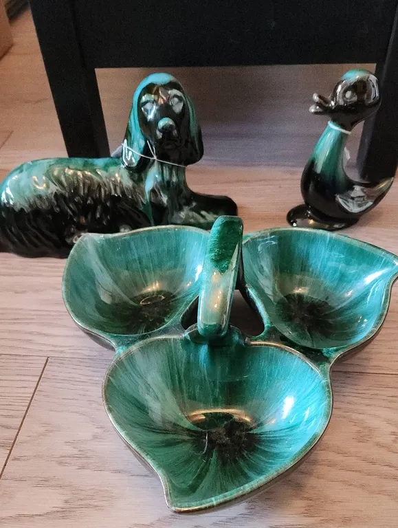 Green Glazed Ceramic Dog Figurine, Duck Figurine, and Triple Section Dish Trio