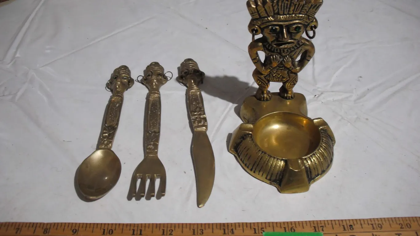 Vintage Aztec/Mayan Style Ashtray w/ Matching Cutlery. Brass with Green Stone Eyes