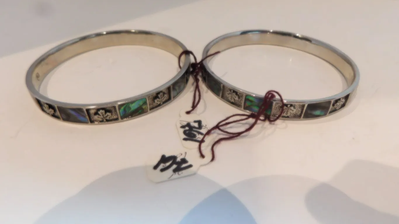 2-VINTAGE SIGNED M BANGLE BRACELETS ABALONE SHELL INLAY SILVERTONE