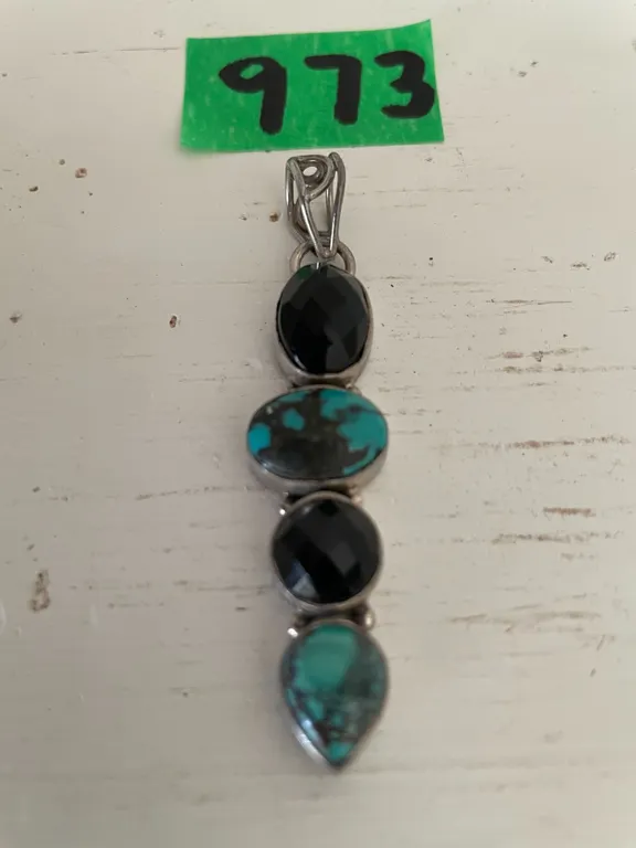 Sterling Silver Turquoise & Faceted Black Onyx Pendant, 2 ½” Long