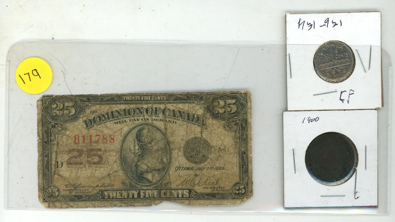 1923 Dominion of Canada 25 Cents Shinplaster, 1951 Canada 5 Cents and 1900 Canada Large One Cent.