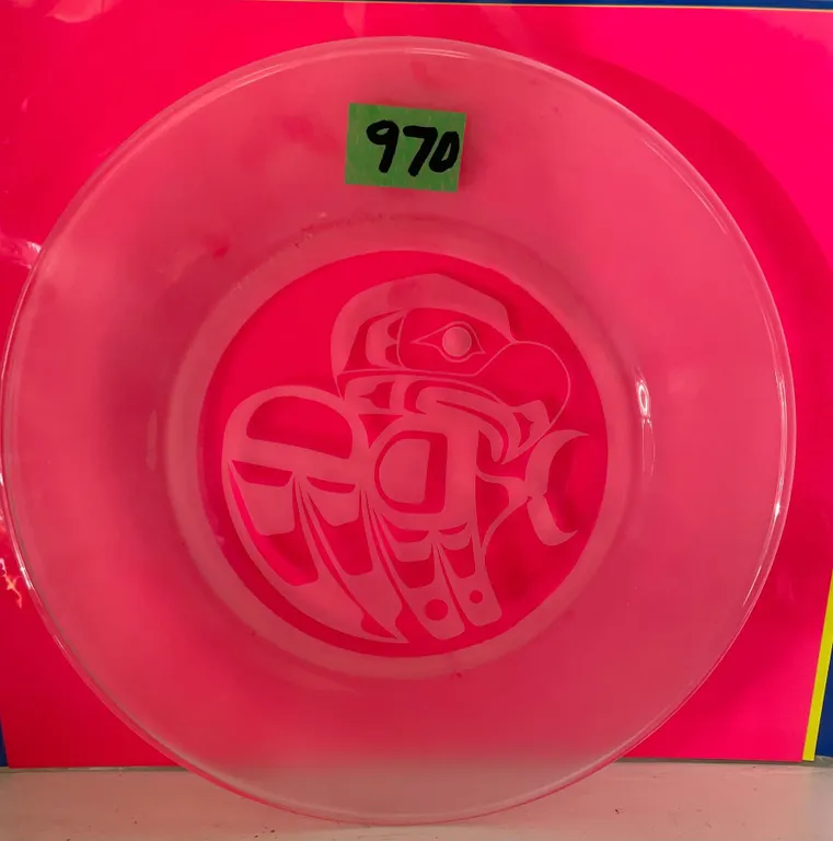 Clear Glass Plate w/ Northwest Coast Indigenous Art Eagle Design Frosted Relief