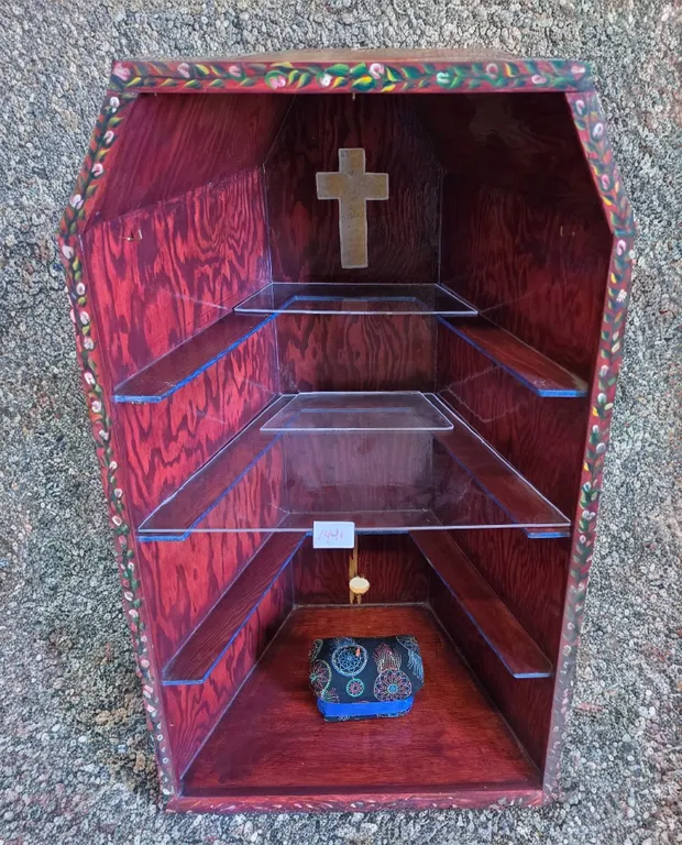 Handmade Coffin-Shaped Wooden Curio Cabinet / Display Shelf