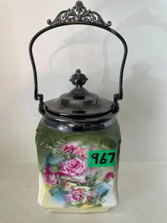 Vintage Tea Biscuit Jar w/ Ornate Handle – Good Condition, No Chips
