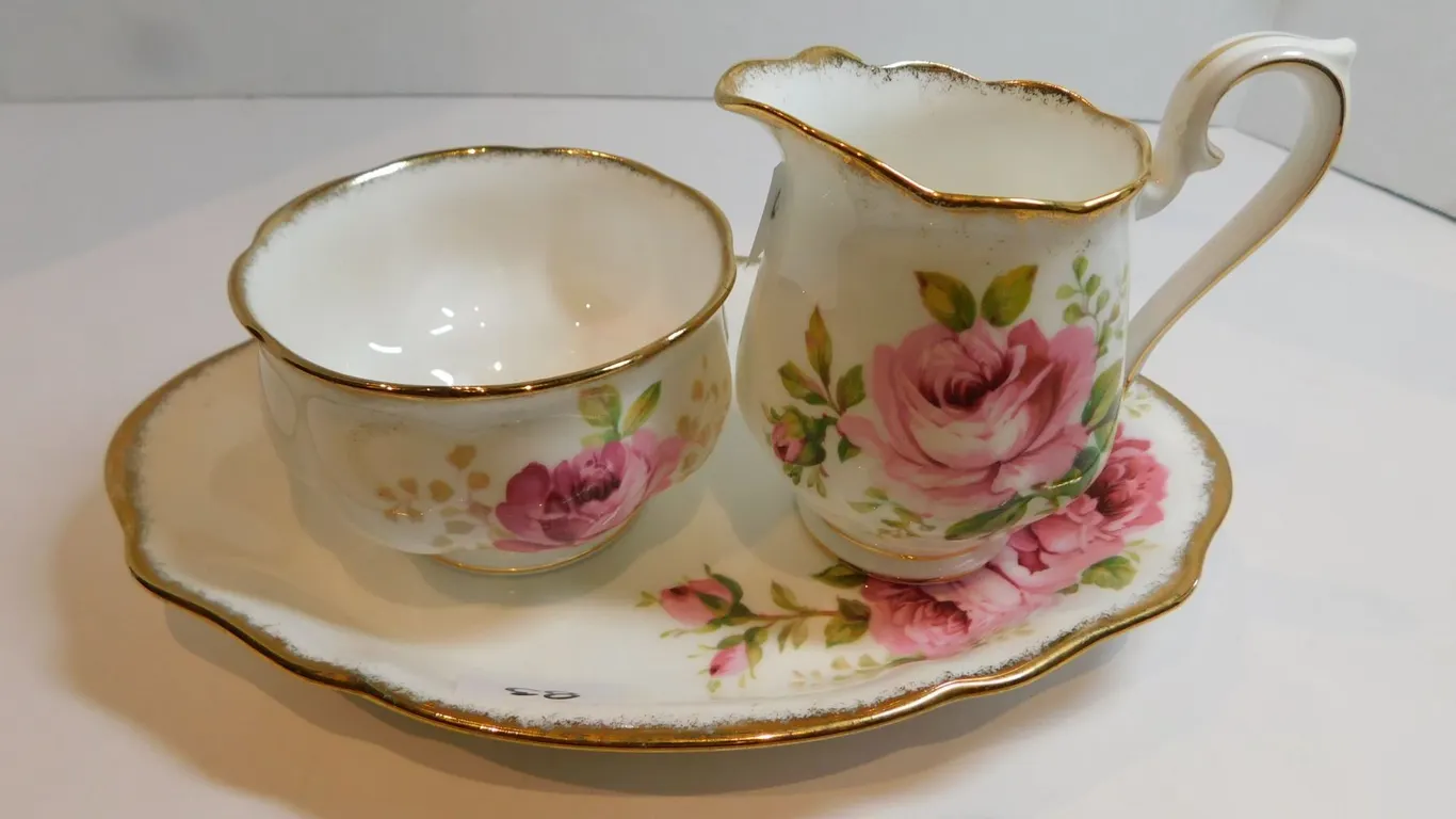 ROYAL ALBERT, AMERICAN BEAUTY, CREAM AND SUGAR WITH UNDERPLATE
