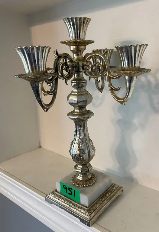 Vintage Heavy Regency 5-Light Candle w/ White Marble Base, 12” tall – No Chips