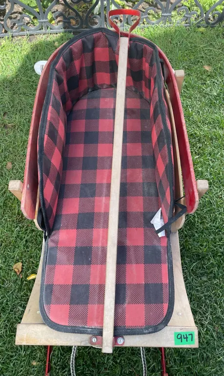 Child’s Pull Sleigh. Hardwood Runners, Soft Plaid Insert