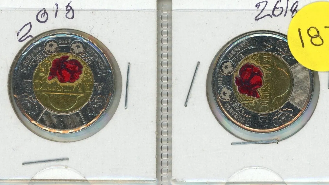 (2) 2018 Canada $2 Armistice Toonie with a Coloured Poppy, commemorating the 100th anniversary of th