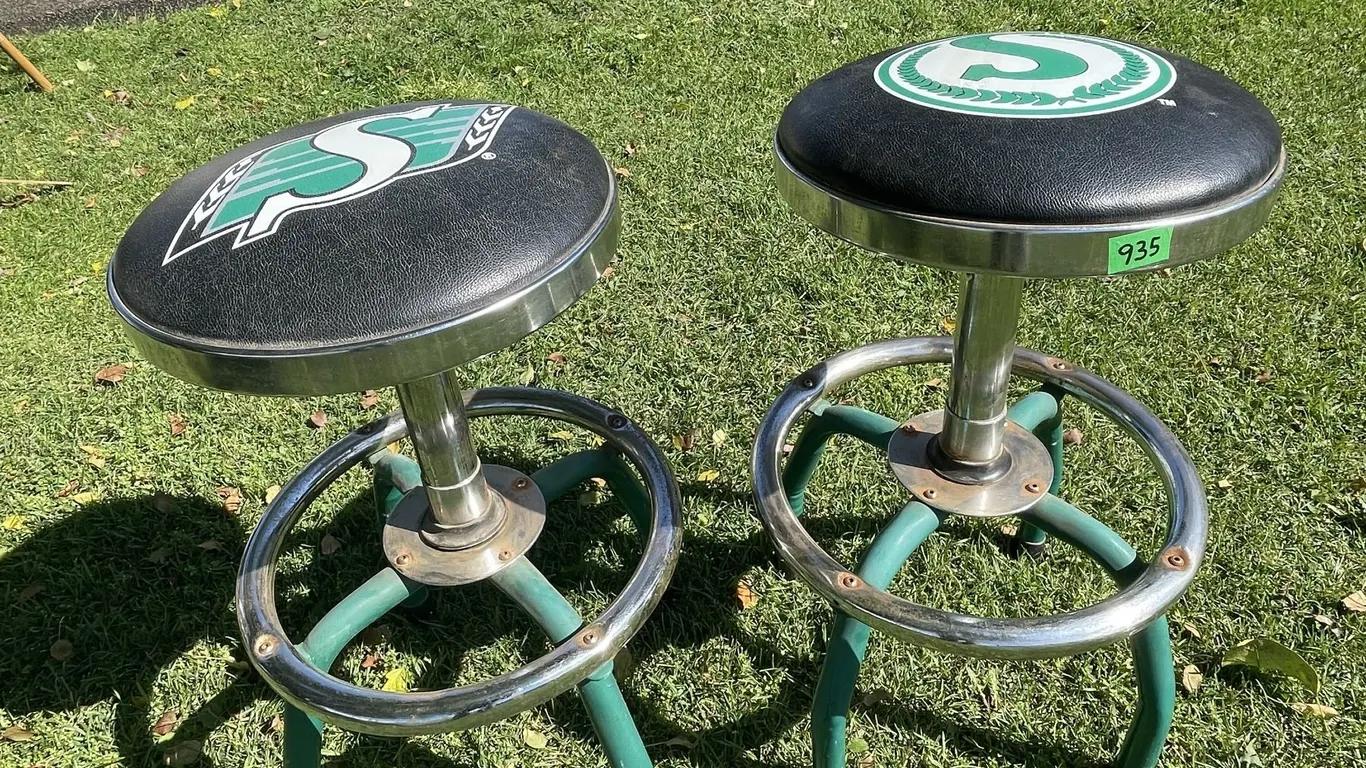 Pair of Sask Roughriders Swivel Barstools w/ Padded Seats – No Tears