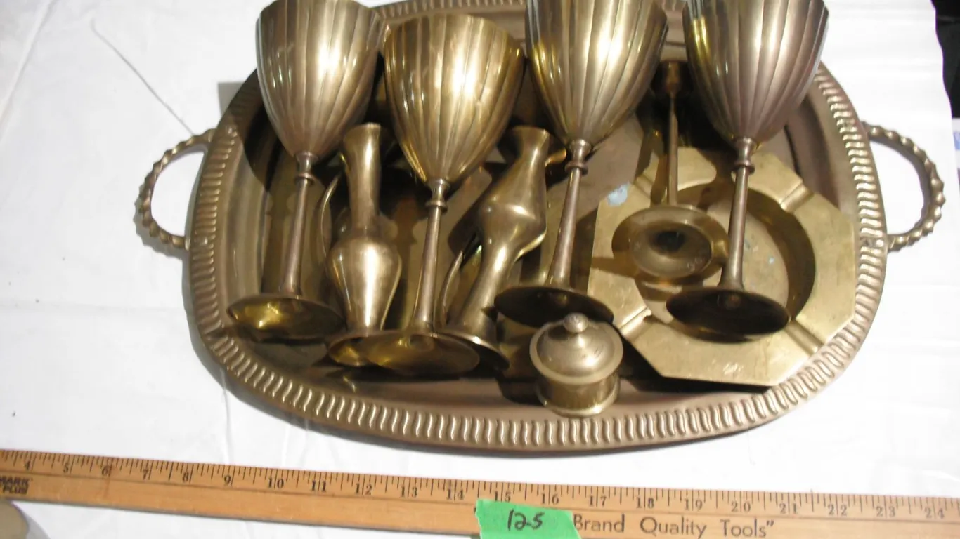 Vintage Brass Lot: Tray, Goblets, Ashtray, etc.