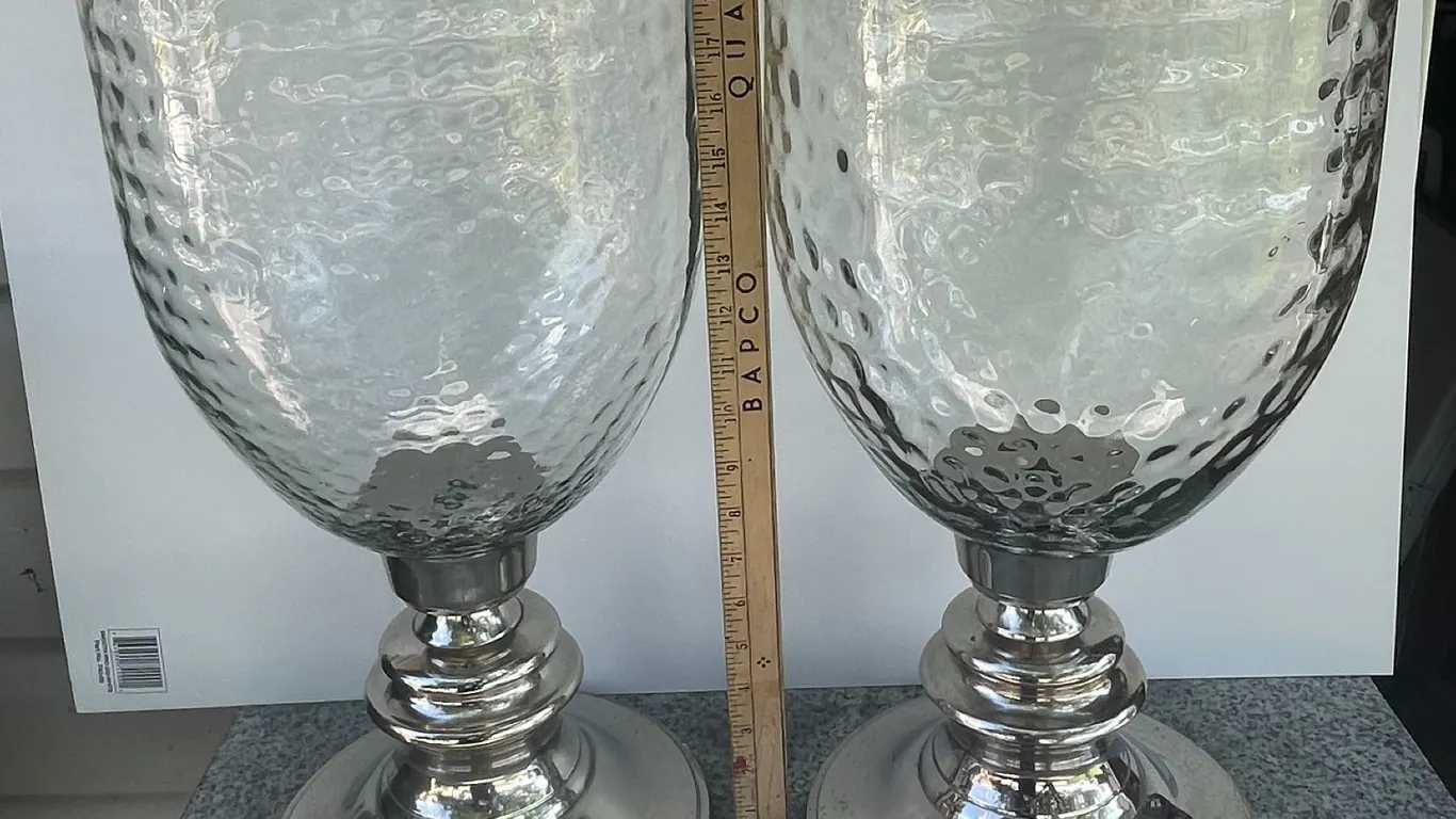 (2) Decorative Glass & Metal Pedestal Hurricane Goblets, 21.5” tall