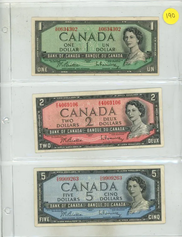 1954 Canada One, Two and Five Dollar.