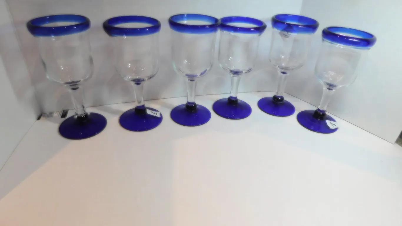 6-COBALT BLUE & CLEAR WINE GLASSES