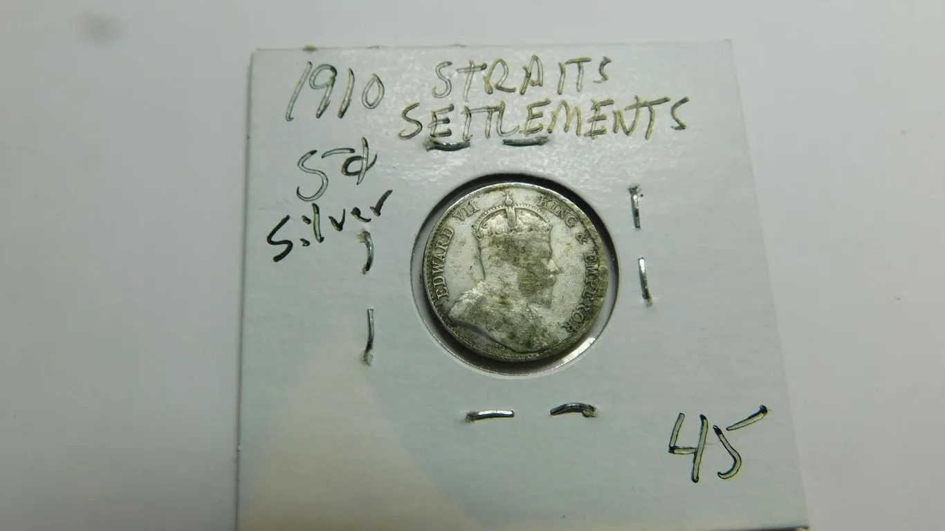 SCARCE 1910 STRAITS SETTLEMENTS FIVE CENT SILVER