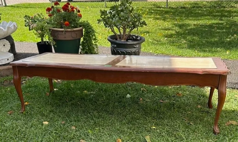 Vintage Wood Frame Coffee Table w/ Inserts, 4.5’ long